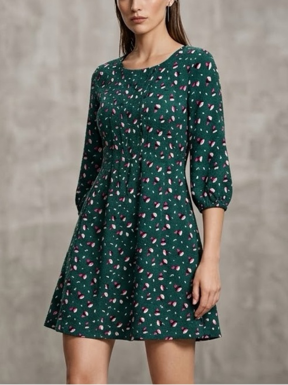 Boden Pleated Floral Print Dress Size 6 Dark Green Abstract 3/4 Sleeve A-Line